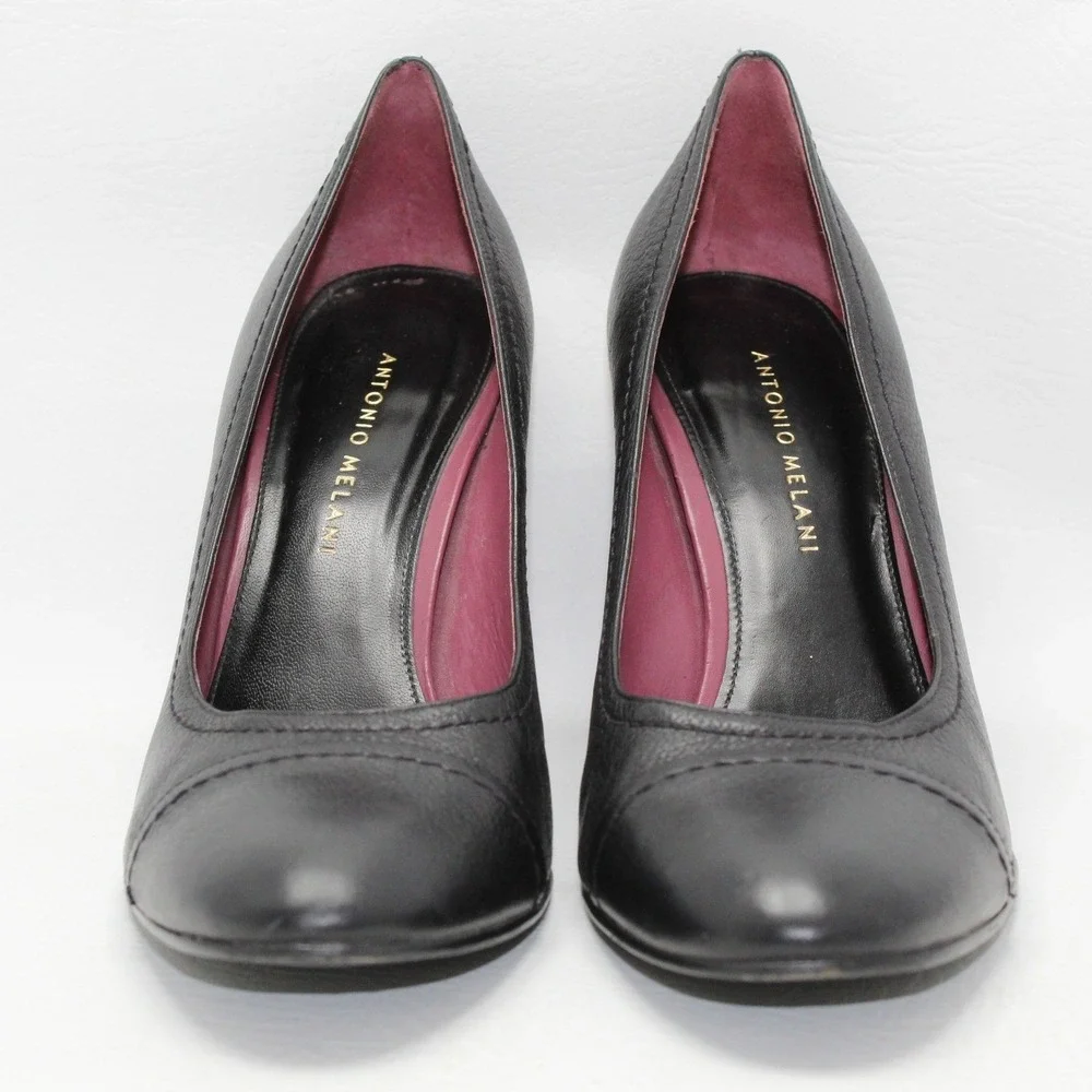 Antonio Melani Womens Black Leather Almond Cap Toe Pumps Heels‎ Size 8.5 M